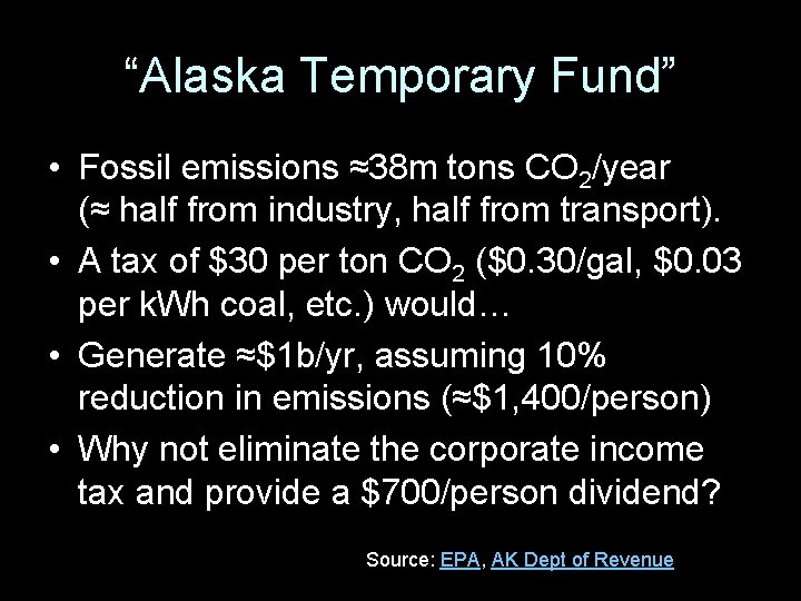 “Alaska Temporary Fund” • Fossil emissions ≈38 m tons CO 2/year (≈ half from