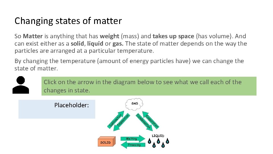 Changing states of matter So Matter is anything that has weight (mass) and takes