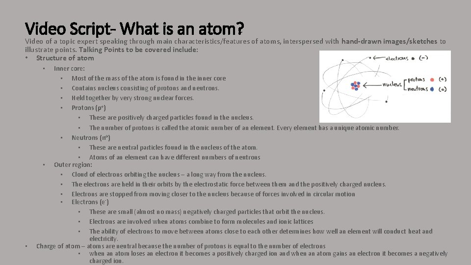Video Script- What is an atom? Video of a topic expert speaking through main