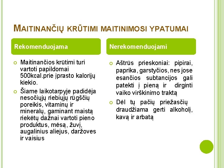 MAITINANČIŲ KRŪTIMI MAITINIMOSI YPATUMAI Rekomenduojama Maitinančios krūtimi turi vartoti papildomai 500 kcal. prie įprasto