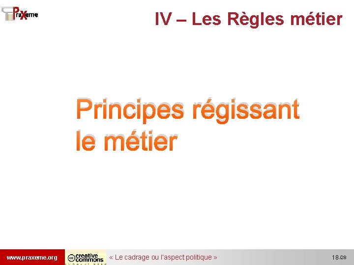 IV – Les Règles métier Principes régissant le métier www. praxeme. org « Le