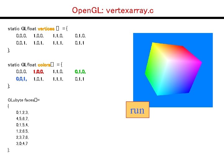 Open. GL: vertexarray. c static GLfloat vertices [] = { 0, 0, 0, 1,
