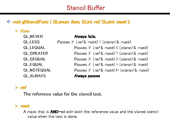 Stencil Buffer v void gl. Stencil. Func ( GLenum func, GLint ref, GLuint mask