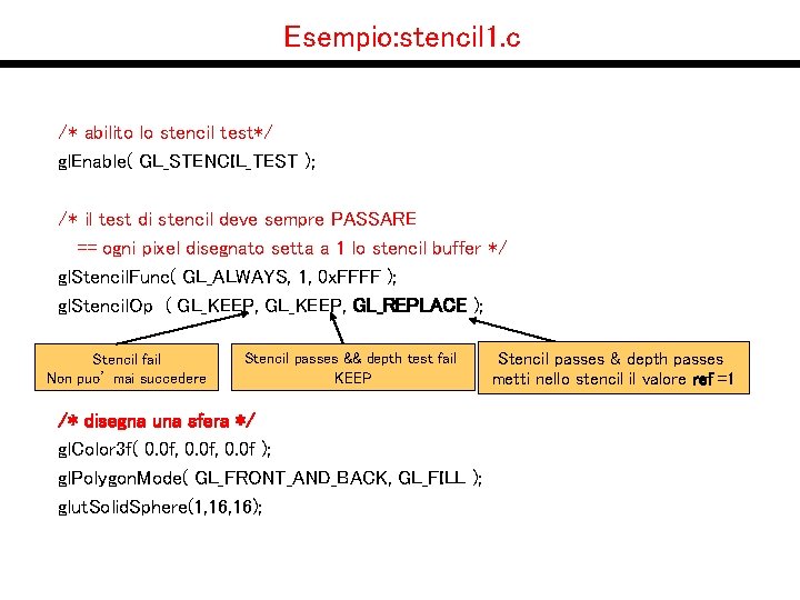 Esempio: stencil 1. c /* abilito lo stencil test*/ gl. Enable( GL_STENCIL_TEST ); /*