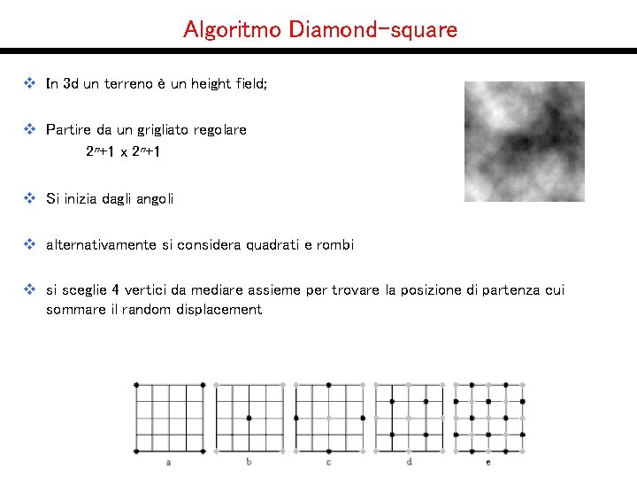 Algoritmo Diamond-square v In 3 d un terreno è un height field; v Partire