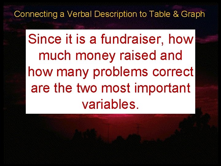 Connecting a Verbal Description to Table & Graph Since it is a fundraiser, how