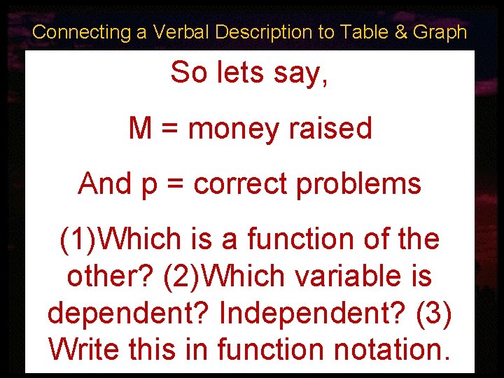 Connecting a Verbal Description to Table & Graph So lets say, M = money
