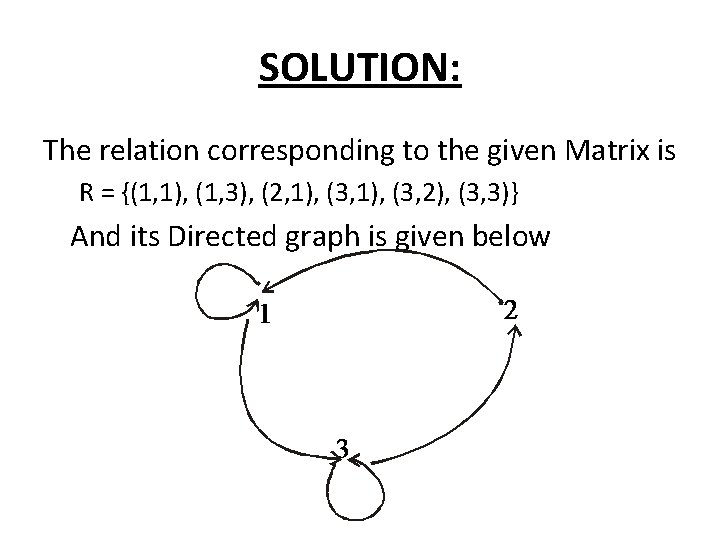 SOLUTION: The relation corresponding to the given Matrix is R = {(1, 1), (1,