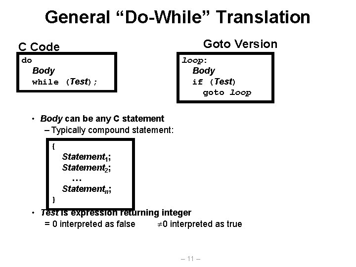 General “Do-While” Translation Goto Version C Code do Body while (Test); loop: Body if