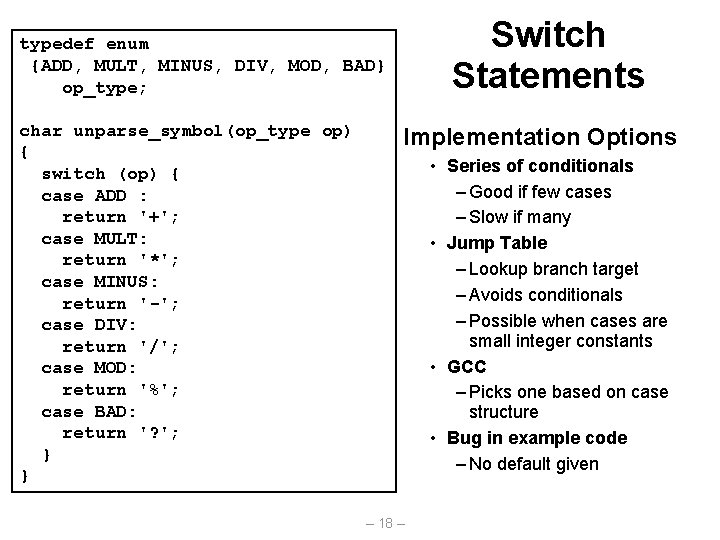 Switch Statements typedef enum {ADD, MULT, MINUS, DIV, MOD, BAD} op_type; char unparse_symbol(op_type op)