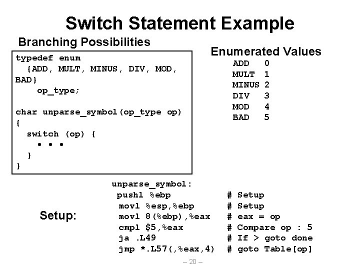 Switch Statement Example Branching Possibilities Enumerated Values typedef enum {ADD, MULT, MINUS, DIV, MOD,