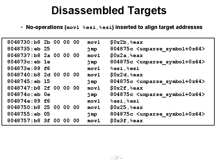 Disassembled Targets • No-operations (movl %esi, %esi) inserted to align target addresses 8048730: b