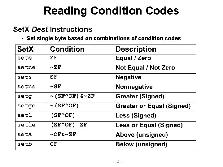 Reading Condition Codes Set. X Dest Instructions • Set single byte based on combinations