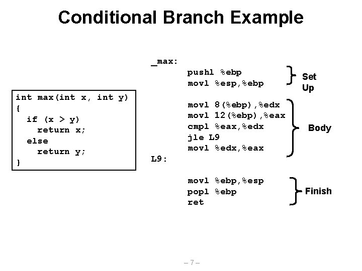 Conditional Branch Example _max: pushl %ebp movl %esp, %ebp int max(int x, int y)