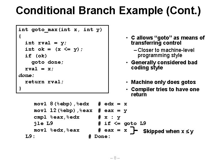Conditional Branch Example (Cont. ) int goto_max(int x, int y) { int rval =