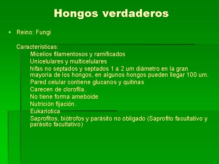 Hongos verdaderos § Reino: Fungi Características: Micelios filamentosos y ramificados Unicelulares y multicelulares hifas