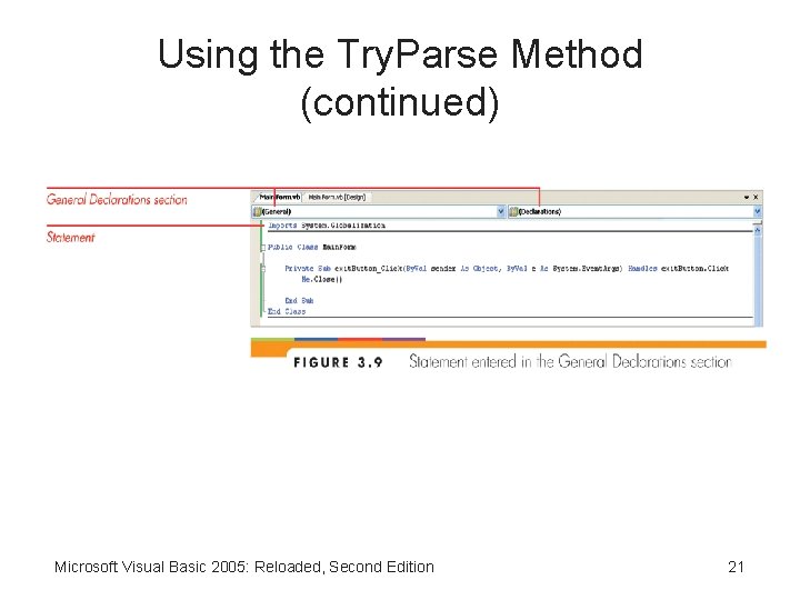 Using the Try. Parse Method (continued) Microsoft Visual Basic 2005: Reloaded, Second Edition 21