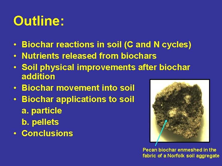 Outline: • Biochar reactions in soil (C and N cycles) • Nutrients released from