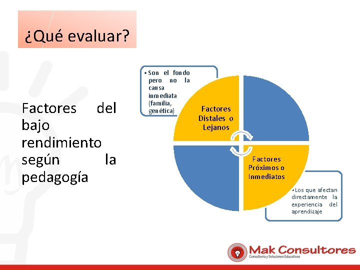 ¿Qué evaluar? Factores del bajo rendimiento según la pedagogía • Son el fondo pero