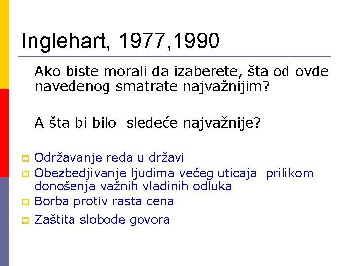 Inglehart, 1977, 1990 Ako biste morali da izaberete, šta od ovde navedenog smatrate najvažnijim?