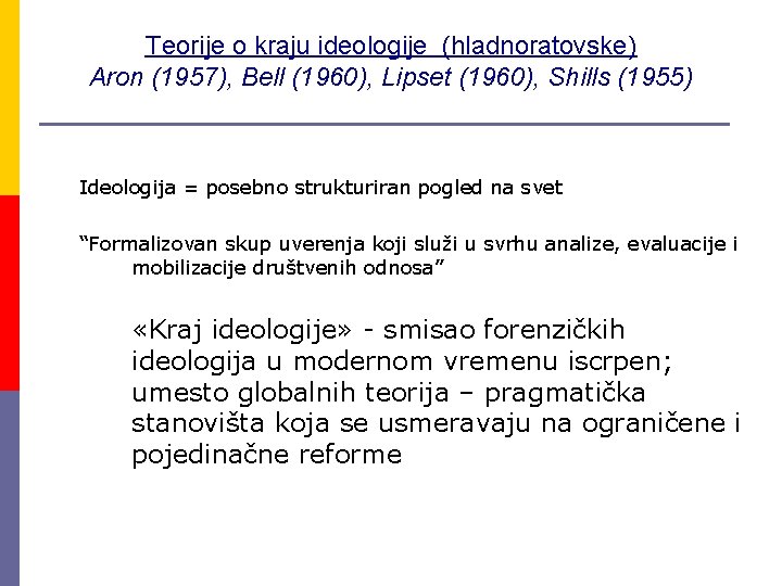 Teorije o kraju ideologije (hladnoratovske) Aron (1957), Bell (1960), Lipset (1960), Shills (1955) Ideologija
