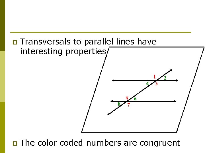 p Transversals to parallel lines have interesting properties p The color coded numbers are
