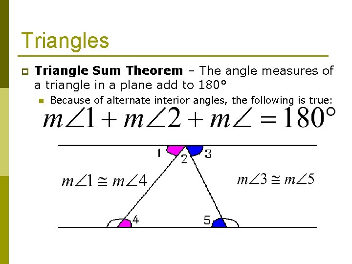 Triangles p Triangle Sum Theorem – The angle measures of a triangle in a