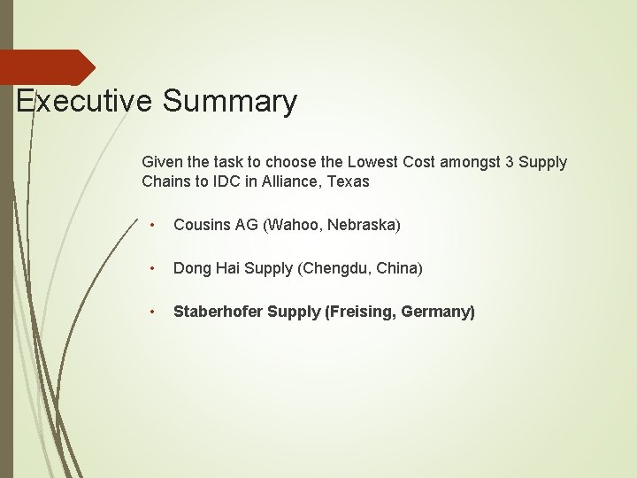 Executive Summary Given the task to choose the Lowest Cost amongst 3 Supply Chains