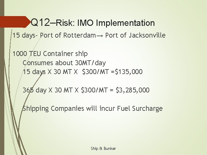 Q 12–Risk: IMO Implementation 15 days- Port of Rotterdam→ Port of Jacksonville 1000 TEU