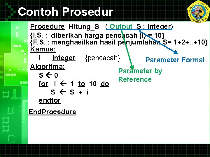 Contoh Prosedur Procedure Hitung_S ( Output S : integer) {I. S. : diberikan harga Contoh Prosedur Procedure Hitung_S ( Output S : integer) {I. S. : diberikan harga