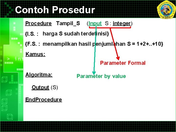 Contoh Prosedur Procedure Tampil_S (Input S : integer) {I. S. : harga S sudah Contoh Prosedur Procedure Tampil_S (Input S : integer) {I. S. : harga S sudah