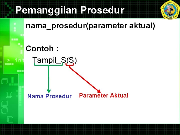 Pemanggilan Prosedur nama_prosedur(parameter aktual) Contoh : Tampil_S(S) Nama Prosedur Parameter Aktual Pemanggilan Prosedur nama_prosedur(parameter aktual) Contoh : Tampil_S(S) Nama Prosedur Parameter Aktual