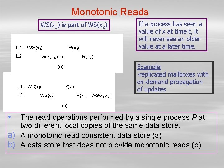 Monotonic Reads WS(x 1) is part of WS(x 2) If a process has seen