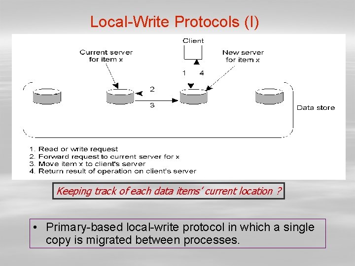 Local-Write Protocols (I) Keeping track of each data items’ current location ? • Primary-based