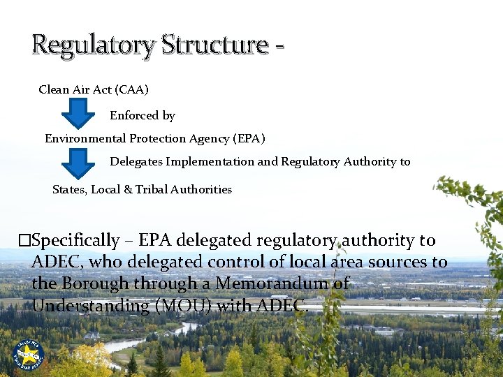 Regulatory Structure Clean Air Act (CAA) Enforced by Environmental Protection Agency (EPA) Delegates Implementation