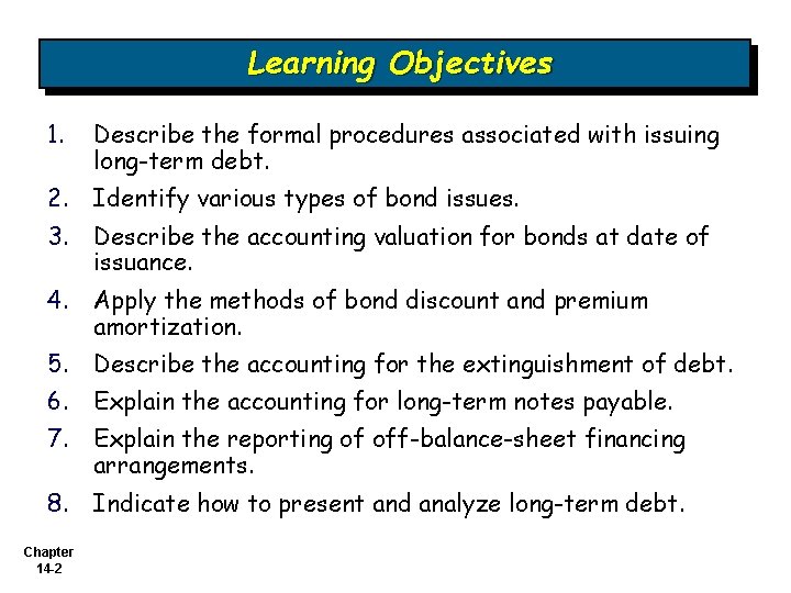 Learning Objectives 1. Describe the formal procedures associated with issuing long-term debt. 2. Identify