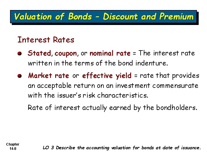 Valuation of Bonds – Discount and Premium Interest Rates Stated, coupon, or nominal rate