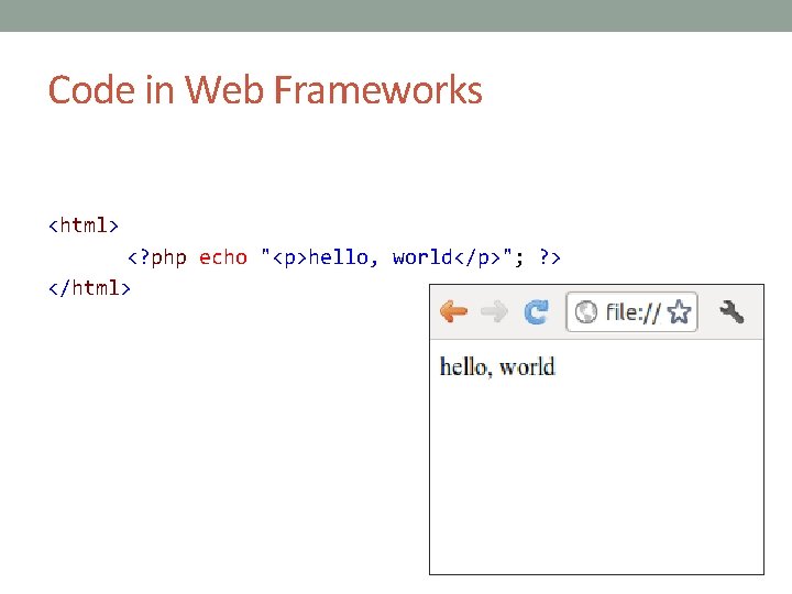 Code in Web Frameworks <html> <? php echo "<p>hello, world</p>"; ? > </html> 