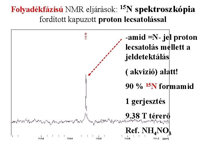 Folyadékfázisú NMR eljárások: 15 N spektroszkópia fordított kapuzott proton lecsatolással -amid =N- jel proton