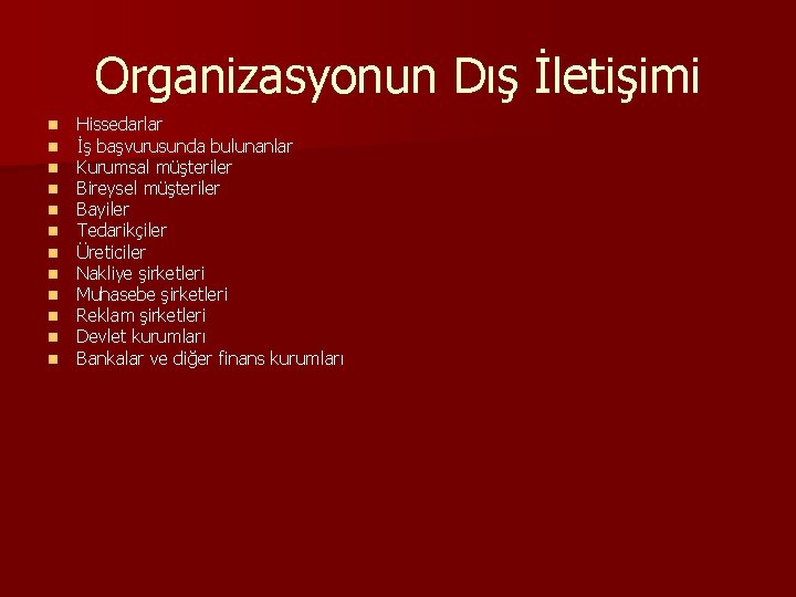 Organizasyonun Dış İletişimi n n n Hissedarlar İş başvurusunda bulunanlar Kurumsal müşteriler Bireysel müşteriler