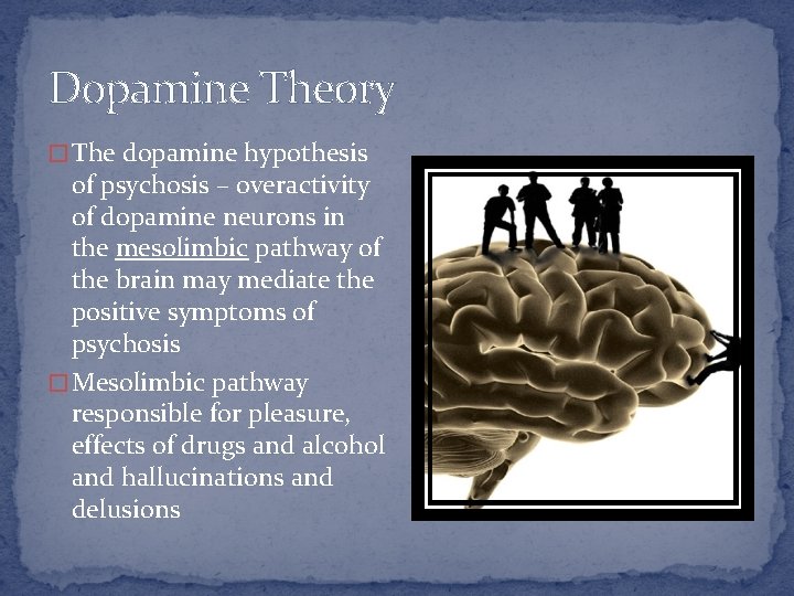 Dopamine Theory � The dopamine hypothesis of psychosis – overactivity of dopamine neurons in