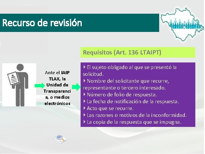 Recurso de revisión Requisitos (Art. 136 LTAIPT) Ante el IAIP TLAX, la Unidad de
