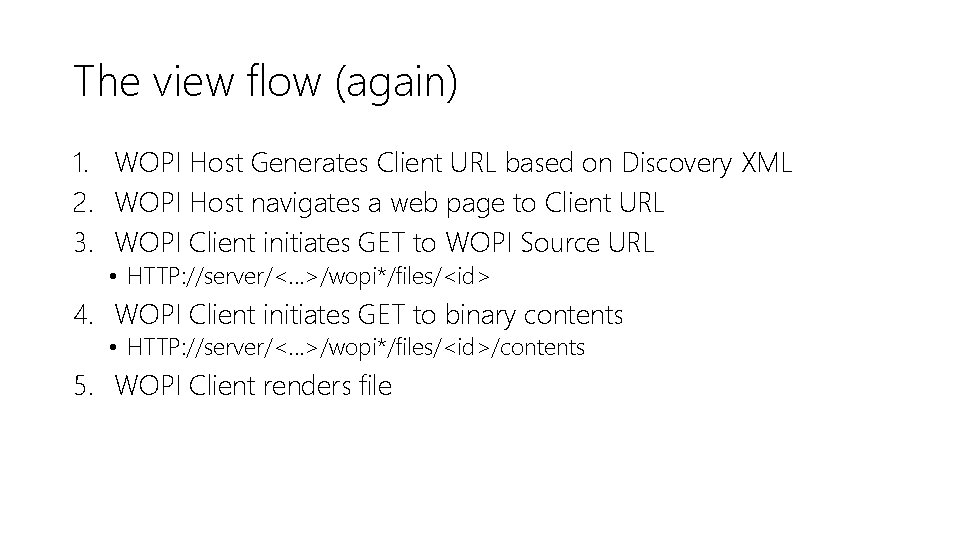 The view flow (again) 1. WOPI Host Generates Client URL based on Discovery XML