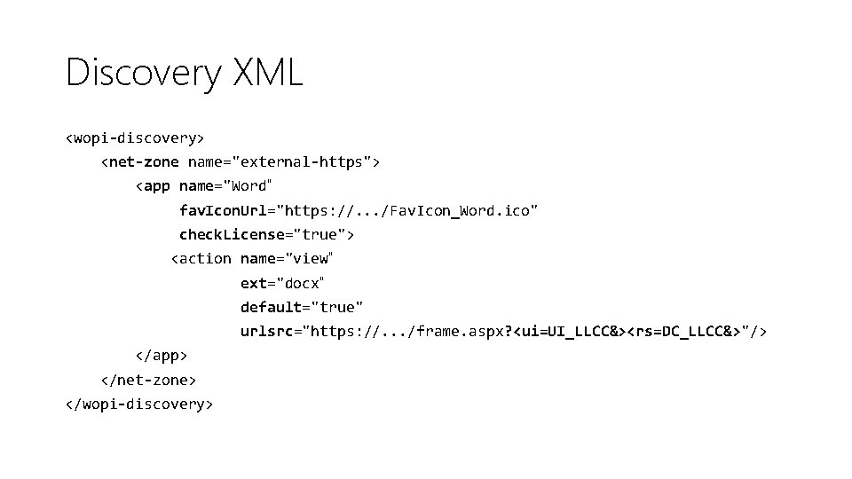 Discovery XML <wopi-discovery> <net-zone name="external-https"> <app name="Word" fav. Icon. Url="https: //. . . /Fav.
