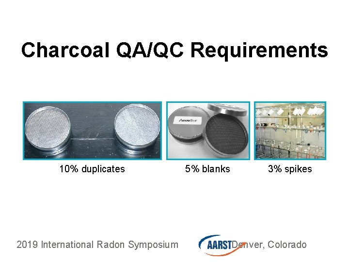 Charcoal QA/QC Requirements 10% duplicates 2019 International Radon Symposium 5% blanks 3% spikes Denver,