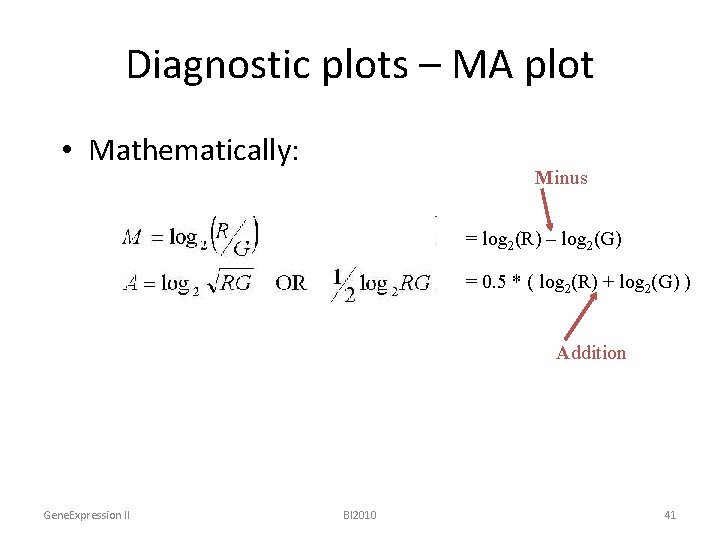 Diagnostic plots – MA plot • Mathematically: Minus = log 2(R) – log 2(G)