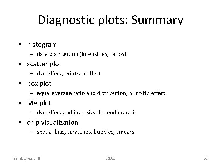 Diagnostic plots: Summary • histogram – data distribution (intensities, ratios) • scatter plot –