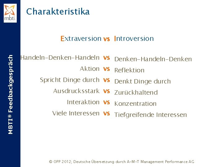 Charakteristika MBTI® Feedbackgespräch Extraversion vs Introversion Handeln-Denken-Handeln vs Denken-Handeln-Denken Aktion vs Reflektion Spricht Dinge