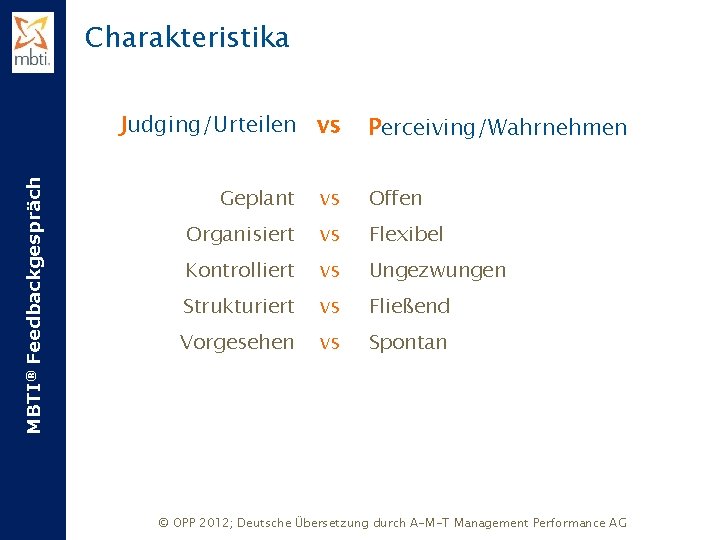 Charakteristika MBTI® Feedbackgespräch Judging/Urteilen vs Perceiving/Wahrnehmen Geplant vs Offen Organisiert vs Flexibel Kontrolliert vs