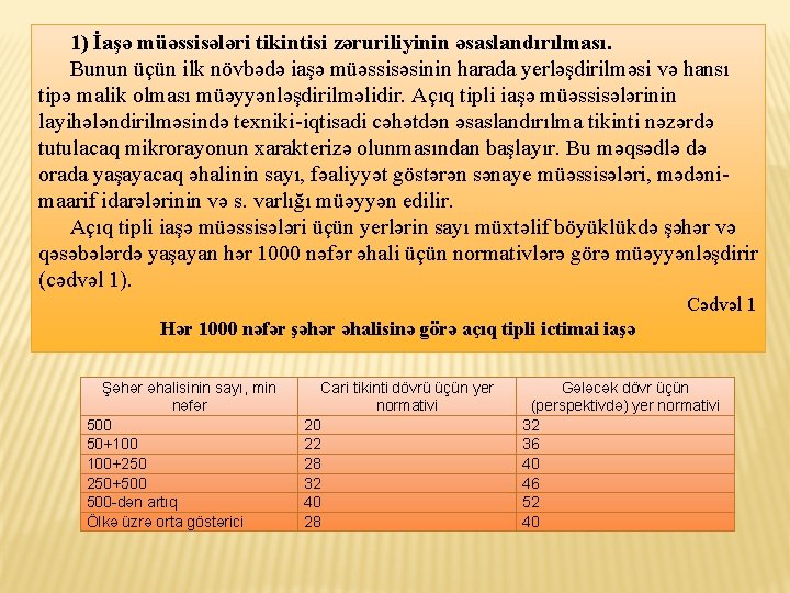 1) İaşə müəssisələri tikintisi zəruriliyinin əsaslandırılması. Bunun üçün ilk növbədə iaşə müəssisəsinin harada yerləşdirilməsi